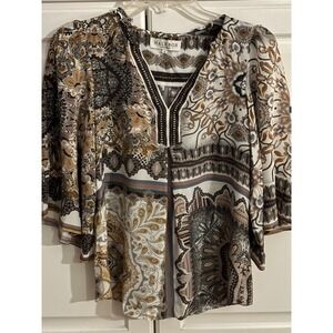 Hale Bob Womens 100% Silk Paisley Print V-Neck Bell Sleeve Blouse Brown Small